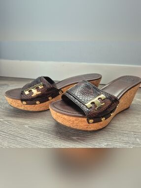 Tory Burch Y2K Boho Snake Embossed Cork Wedge Slide Summer Sandals Sz 8.5